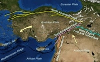 map Turkey and Syria with the Anatolian Plate and the movement of the plates around